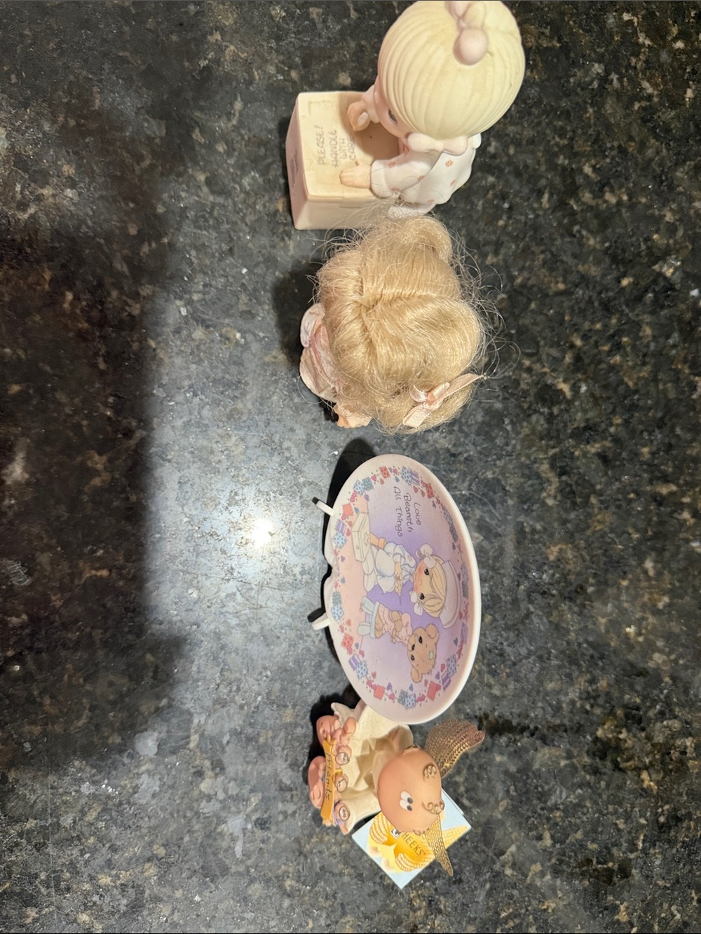 Precious Moments Pastel Pink and Cream Trinket Dish with Mini Figurines